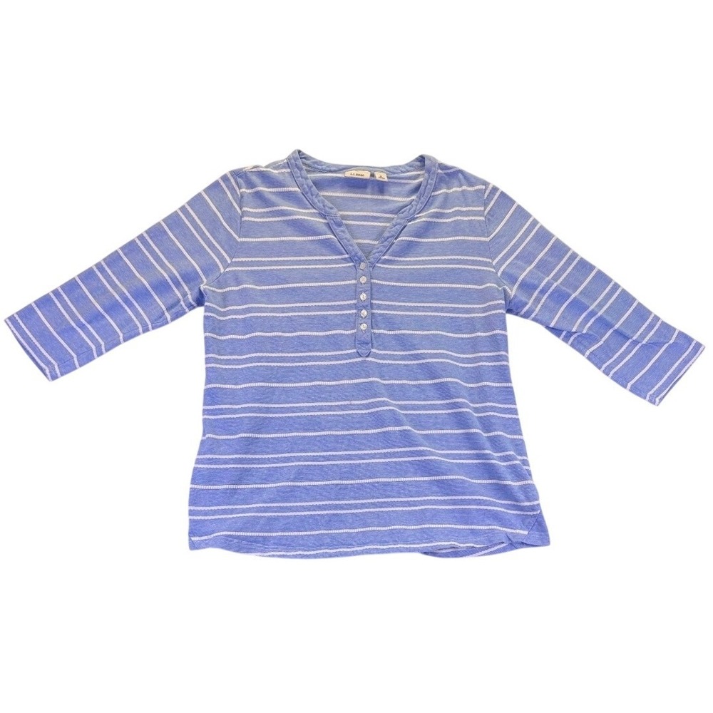 LL Bean Women's Blue White Striped Cotton Henley Top M Nautical Coastal Preppy